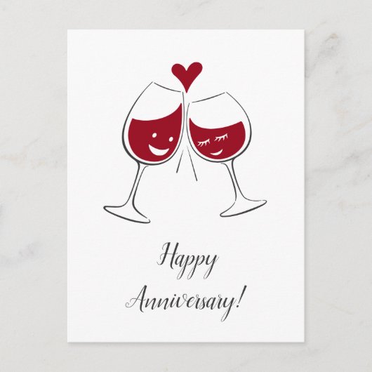 Happy Wedding Anniversary Red Wine Heart Card Postkarte (Vorderseite)