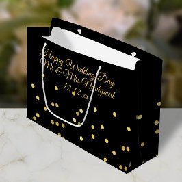Happy Wedding Day Black and Gold Confetti Geschenk Große Geschenktüte