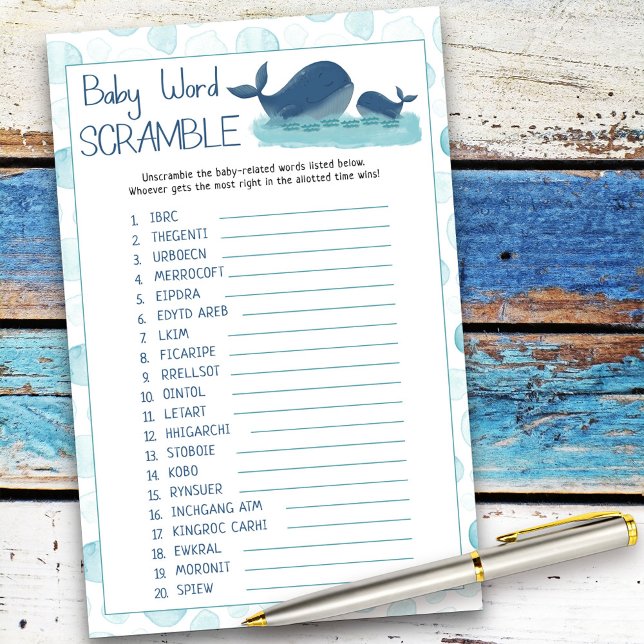 Happy Whales Baby Word Scramble Baby Showspiel (Baby Shower game card from my Happy Whale collection. Message if you need different items.)