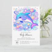 Happy Whimsical Dolphin Baby Shower Einladung (Stehend Vorderseite)