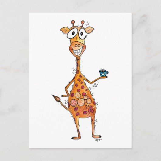 Happy Whimsical Giraffe Drink Kaffee Postkarte (Vorderseite)
