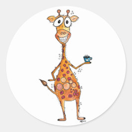 Happy Whimsical Giraffe Drink Kaffee Runder Aufkleber