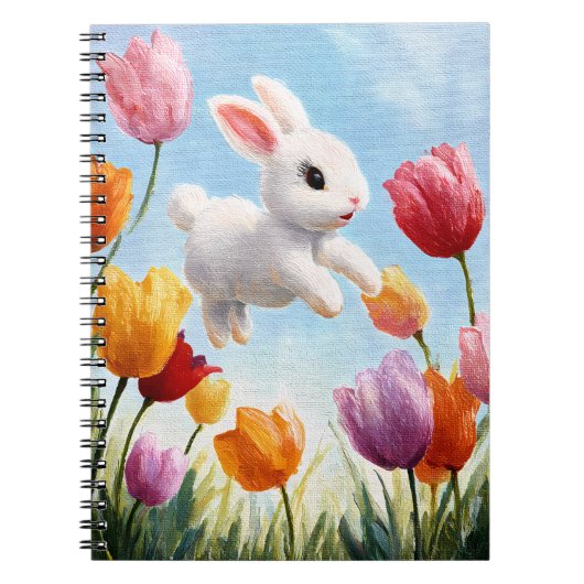 Happy White Bunny Spring Tulip Art Notizblock (Vorderseite)