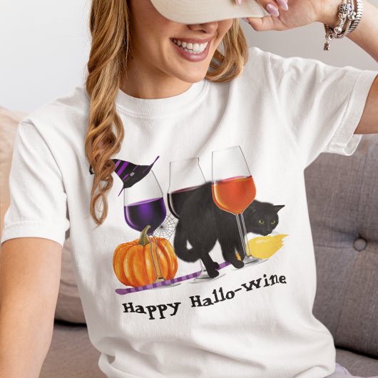 Happy Wine Hexe Halloween Black Cat Broom T-Shirt
