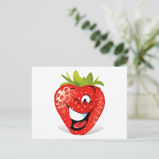 Happy Winking Strawberry Face Postkarte (Stehend Vorderseite)