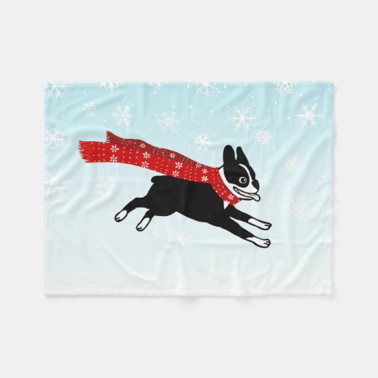 Happy Winter Fun Boston Terrier mit Red Scarf Fleecedecke (Vorderseite (Horizontal))