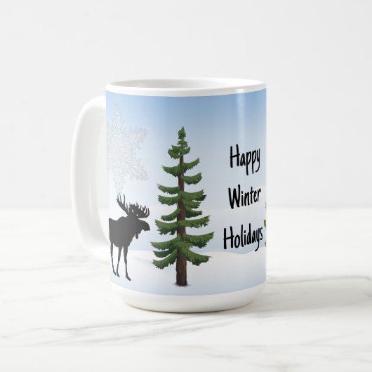 Happy Winter Holidays Elche und Schneeflocke Kaffeetasse (Vorderseite Links)