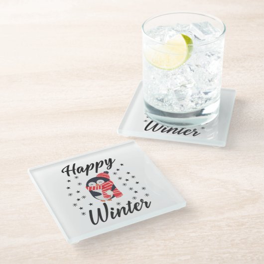 Happy Winter, Niedlicher Pinguin Glasuntersetzer (Schrägansicht)