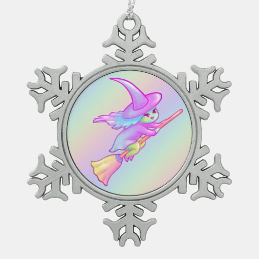 Happy Witz auf Broomstick Gezeichnet Schneeflocken Zinn-Ornament (Vorderseite)