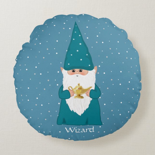 Happy Wizard Gnome & Magic Lamp auf Sapphire Blue Rundes Kissen (Vorderseite)