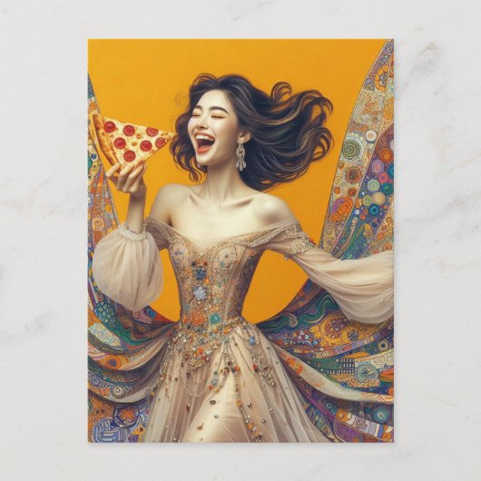 Happy Woman mit Pizza farbenfroh einzigartig Postkarte (Vorderseite)