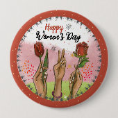 Happy Women's Day Red Button Hands Holding Tulips (Vorderseite)