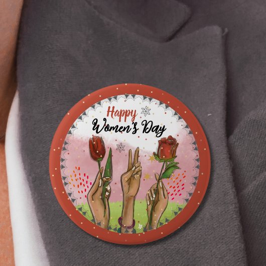 Happy Women's Day Red Button Hands Holding Tulips