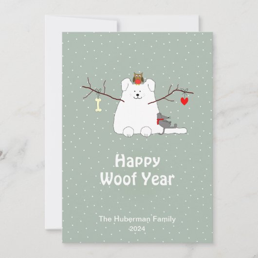 "Happy Woof Year" Hundeschlittenweihnachtskarte Feiertagskarte (Vorderseite)