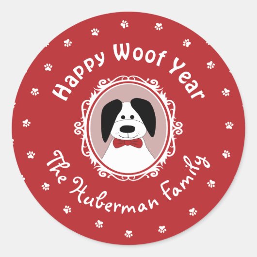 "Happy Woof Year" Niedlicher Hund Weihnachten Runder Aufkleber (Vorderseite)