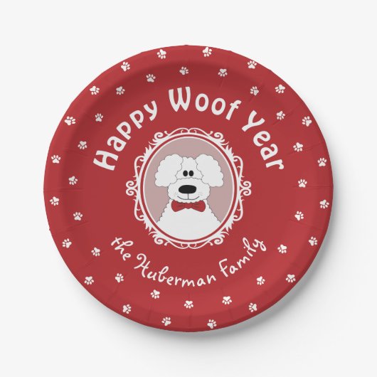 'Happy Woof Year' Poodle mit einer Bow-Krawatte Pappteller (Vorderseite)