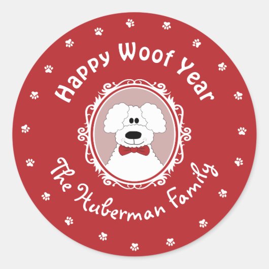 "Happy Woof Year" Poodle Weihnachtsklecker Runder Aufkleber (Vorderseite)