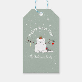 "Happy Woof Year"-Schneekatze Geschenkanhänger