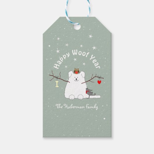 "Happy Woof Year"-Schneekatze Geschenkanhänger (Vorderseite)