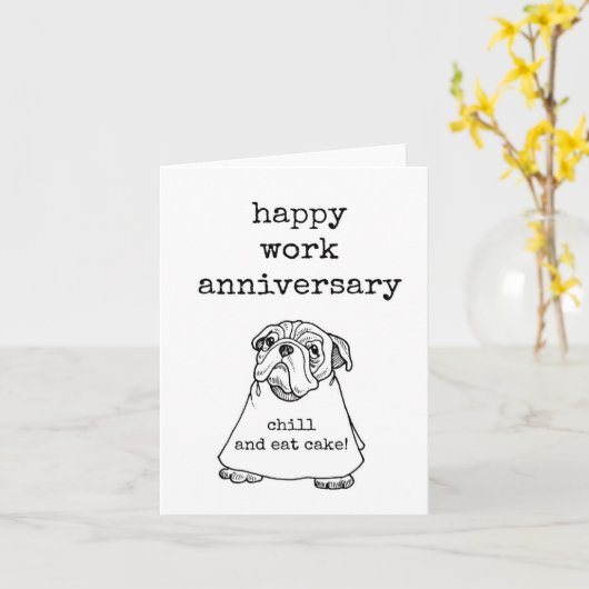 Happy Work Jubiläum, Mops mit Sign Card Karte (Gelbe Blume)