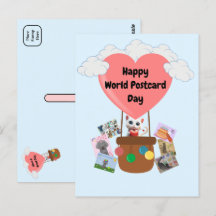 Happy World Postcard Day Cat in Balloon Postcard