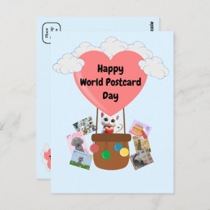 Happy World Postcard Day Cat in Balloon Postcard Postkarte