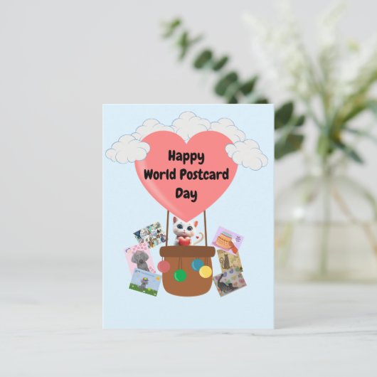 Happy World Postcard Day Cat in Balloon Postcard Postkarte (Stehend Vorderseite)