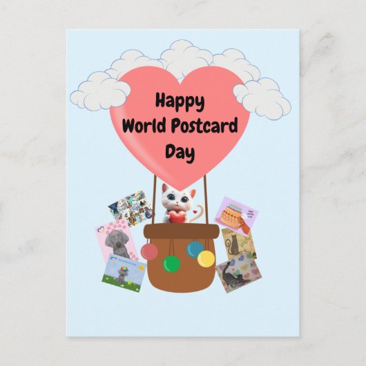 Happy World Postcard Day Cat in Balloon Postcard Postkarte (Vorderseite)