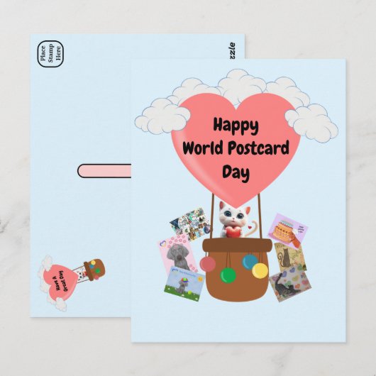 Happy World Postcard Day Cat in Balloon Postcard Postkarte (Vorne/Hinten)