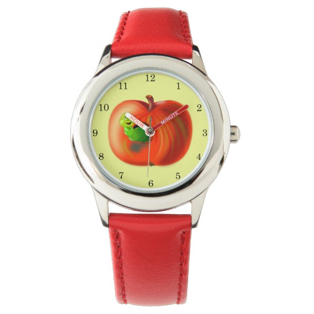 Happy Worm in Red Apple - Armbanduhr (Vorderseite)