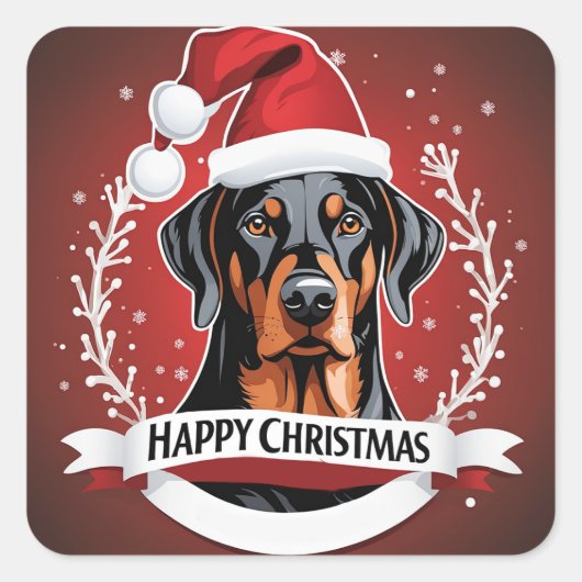 Happy Xmas Doberman Hund mit Weihnachtsmannmütze W Quadratischer Aufkleber (Vorderseite)