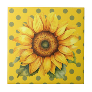 Happy Yellow and Green Sunflower on Polka-Dot Fliese