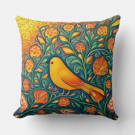 Happy Yellow Bird Whimsical Künstlerisch Folk Wirb Kissen