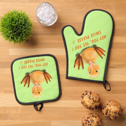 Happy Yellow Duck Custom Text Funny Ofenhandschuh & Topflappen-Set (Oben Unten)