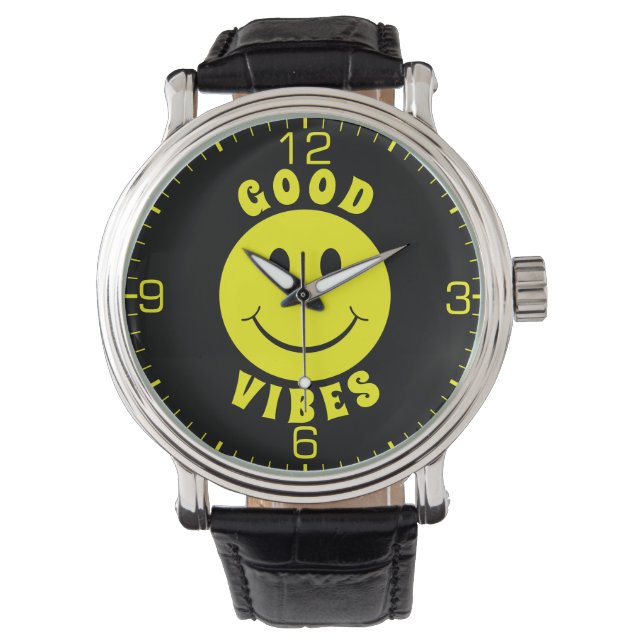 Happy Yellow Face Good Vibes Black Armbanduhr (Vorderseite)