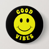 Happy Yellow Face Good Vibes Black Button (Vorderseite)