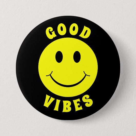 Happy Yellow Face Good Vibes Black Button (Vorderseite)