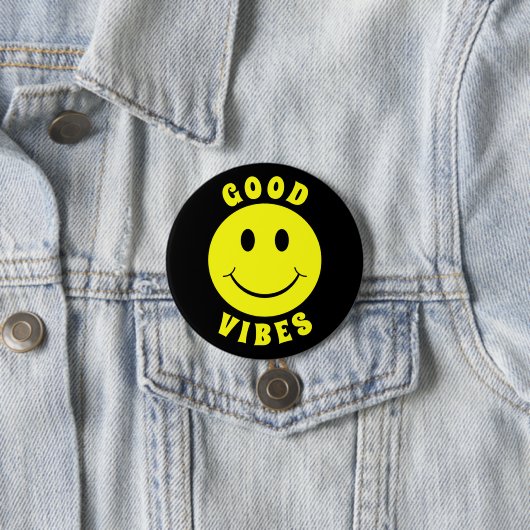 Happy Yellow Face Good Vibes Black Button (Beispiel)