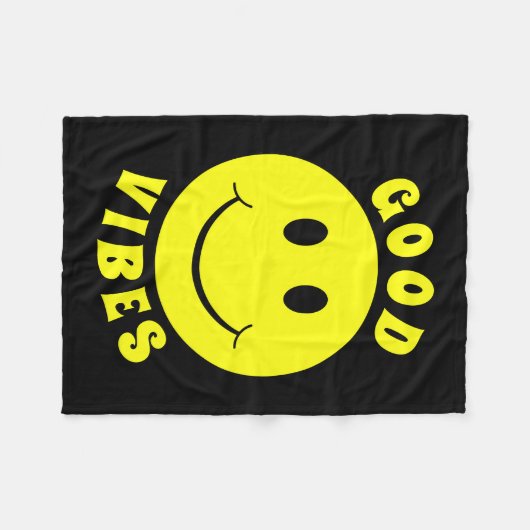 Happy Yellow Face Good Vibes Black Fleecedecke (Vorderseite (Horizontal))