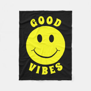 Happy Yellow Face Good Vibes Black Fleecedecke