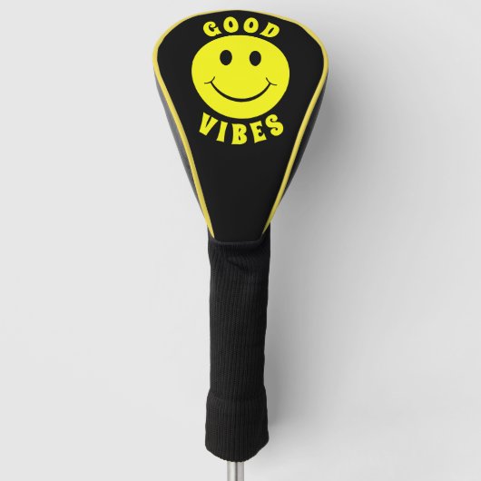 Happy Yellow Face Good Vibes Black Golf Headcover (Vorderseite)