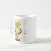 Happy Yellow Robot mit Sonnenblume Kaffeetasse (Vorderseite Links)