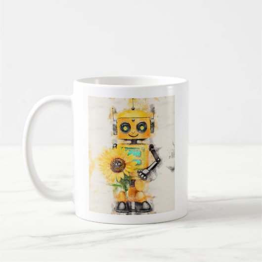 Happy Yellow Robot mit Sonnenblume Kaffeetasse (Links)