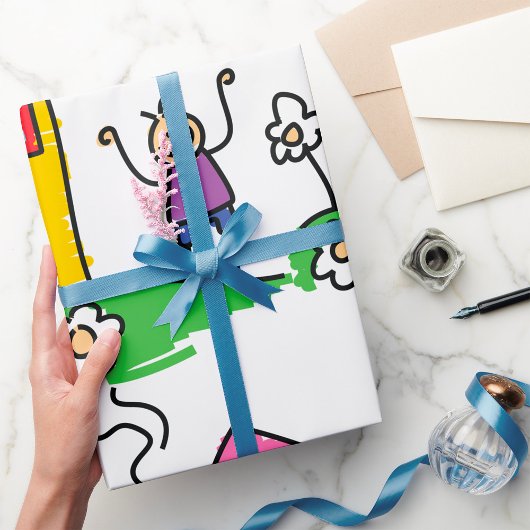 Happy Zuhause Colorful House und Strichmännchen Geschenkpapier