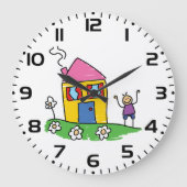 Happy Zuhause Colorful House und Strichmännchen Große Wanduhr (Vorderseite)