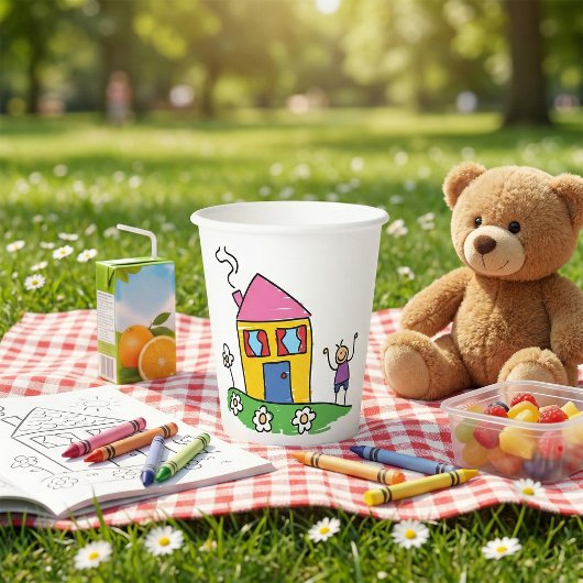 Happy Zuhause Colorful House und Strichmännchen Pappbecher