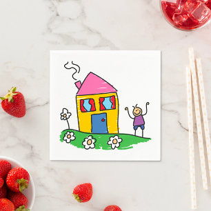 Happy Zuhause Colorful House und Strichmännchen Serviette