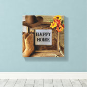 Happy Zuhause Cowgirl Cowboy Style mit Cowboy Boot Leinwanddruck (Insitu (Holzboden))