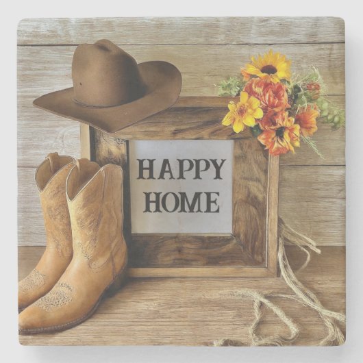 Happy Zuhause Cowgirl Cowboy Style mit Cowboy Boot Steinuntersetzer (Vorderseite)