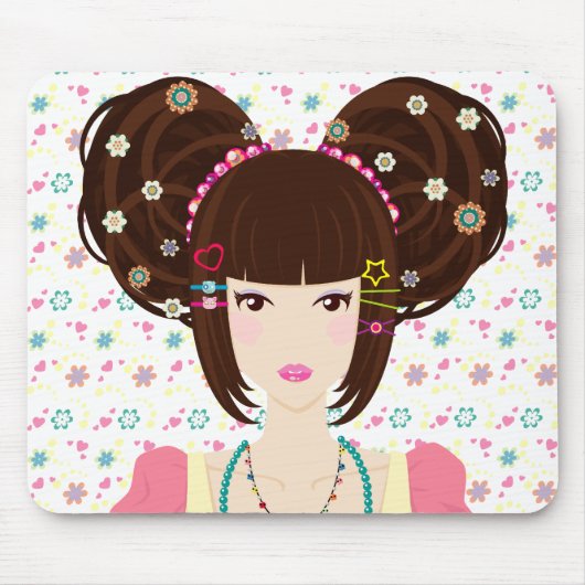 Harajuku Mädchen Yuriko mit blumigem Hintergrund Mousepad (Vorne)
